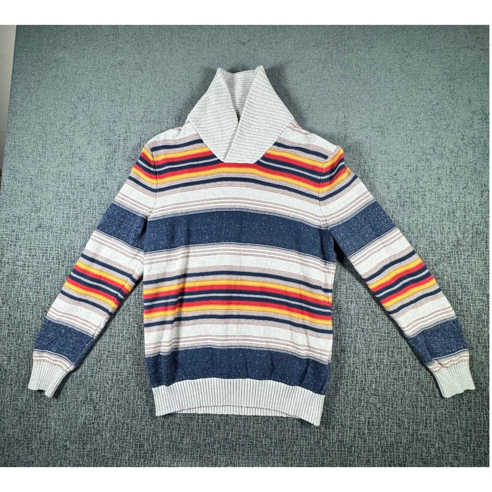 Sun + Stone Mens‎ Shawl Collar Striped Sweater Navy Red Yellow Grey Large